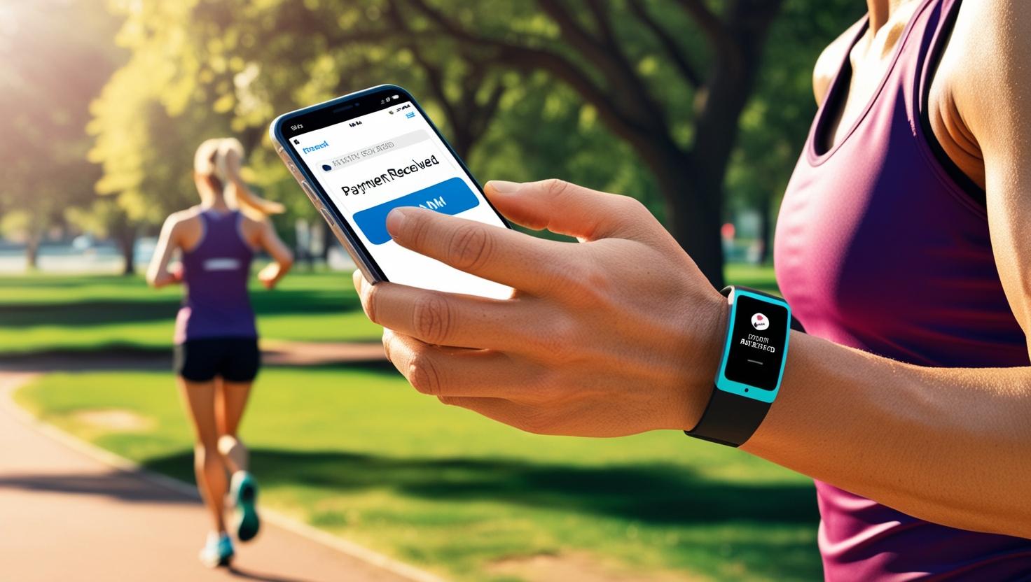 A runner smiles at their phone showing how they get paid everyday from a health app, with a fitness tracker visible