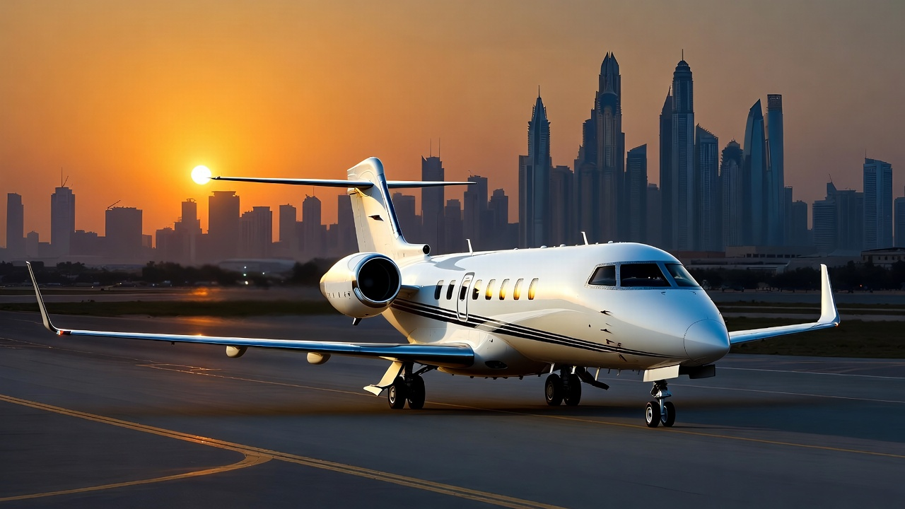 A private jet taxiing at sunset in Dubai, representing the swift evacuation services offered by top private charter companies.