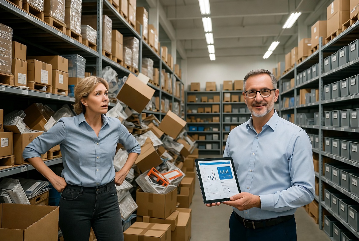 Business owner comparing chaotic physical inventory with organized digital dashboard showing real-time stock levels