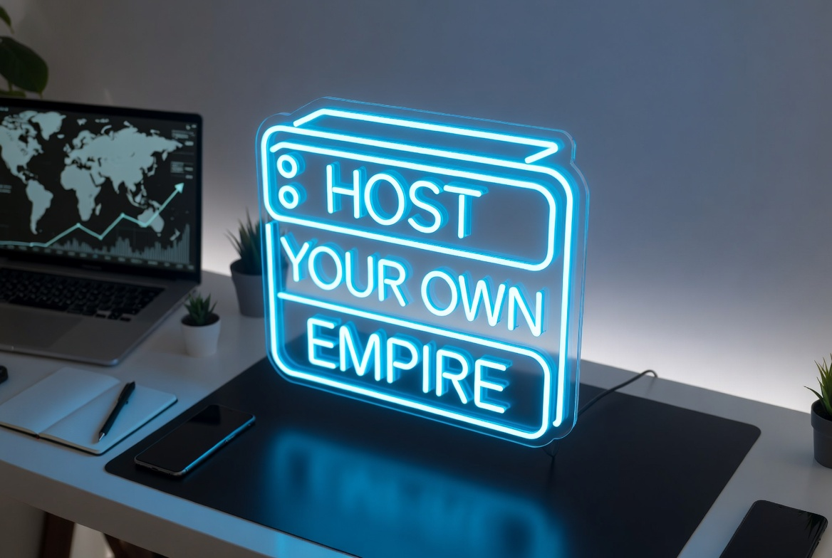 Start A Web Hosting Business For Free: A laptop with a rising profit graph and glowing $0 sign on a modern desk