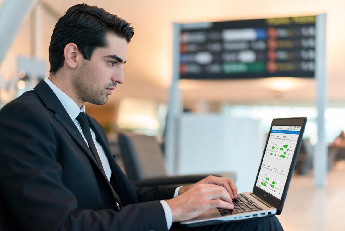 Entrepreneur finding cheapest flight tickets on laptop in airport lounge