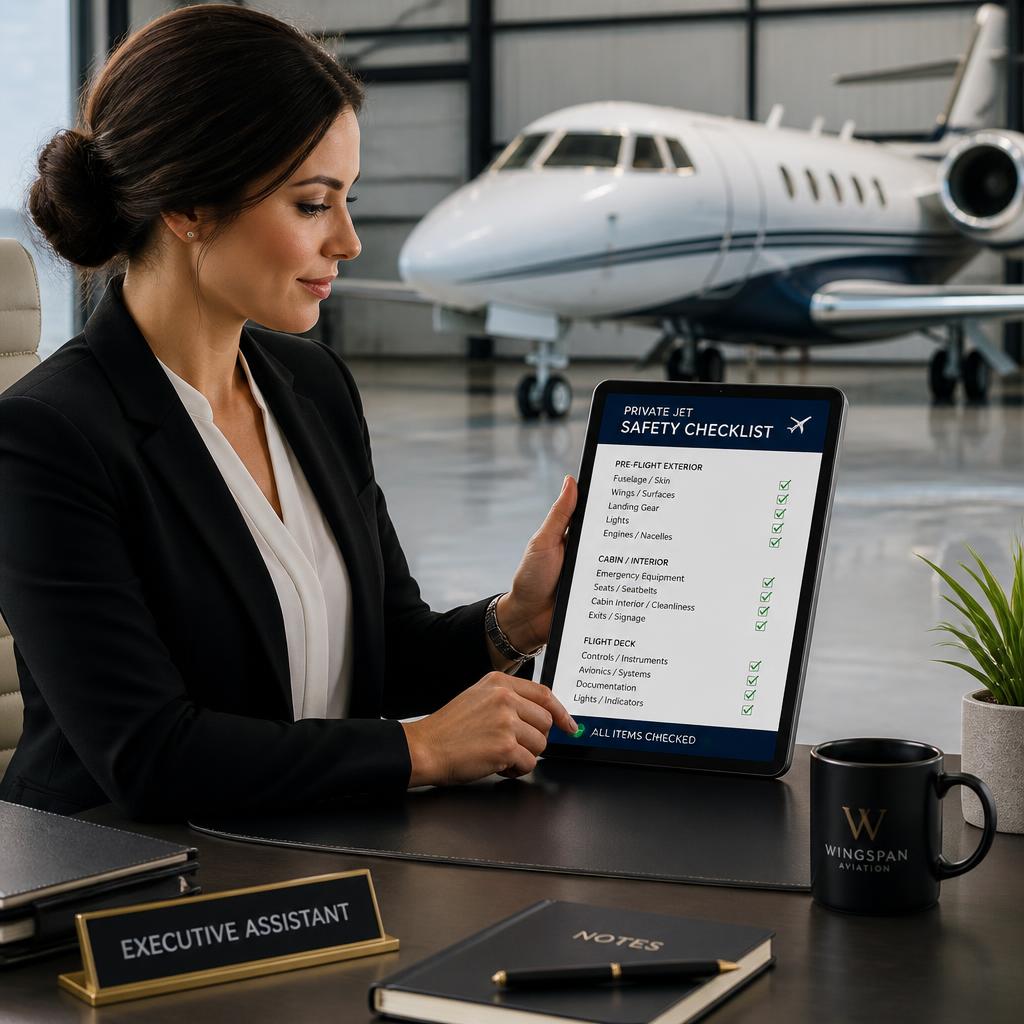 Executive assistant private jet safety checklist for booking charter flights.