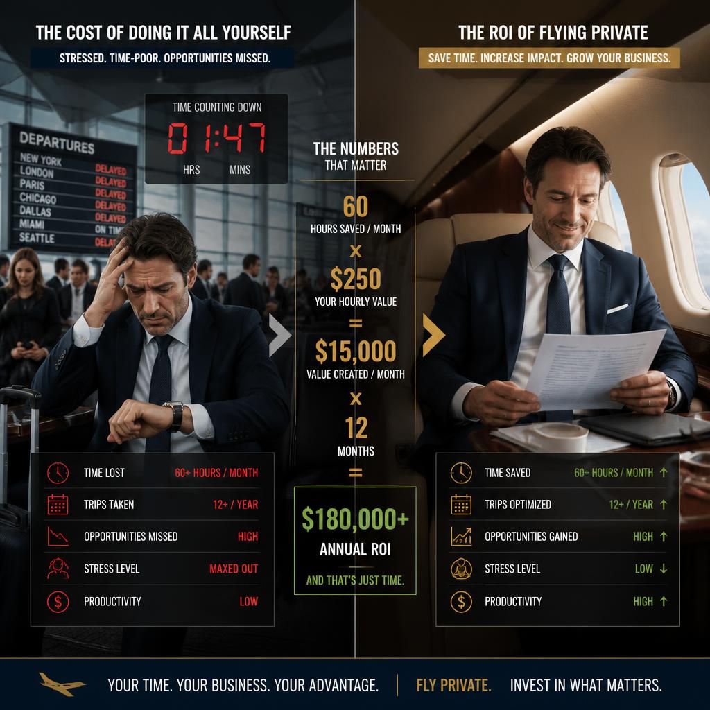 Private jet charter ROI comparison showing time savings and business productivity gains.
