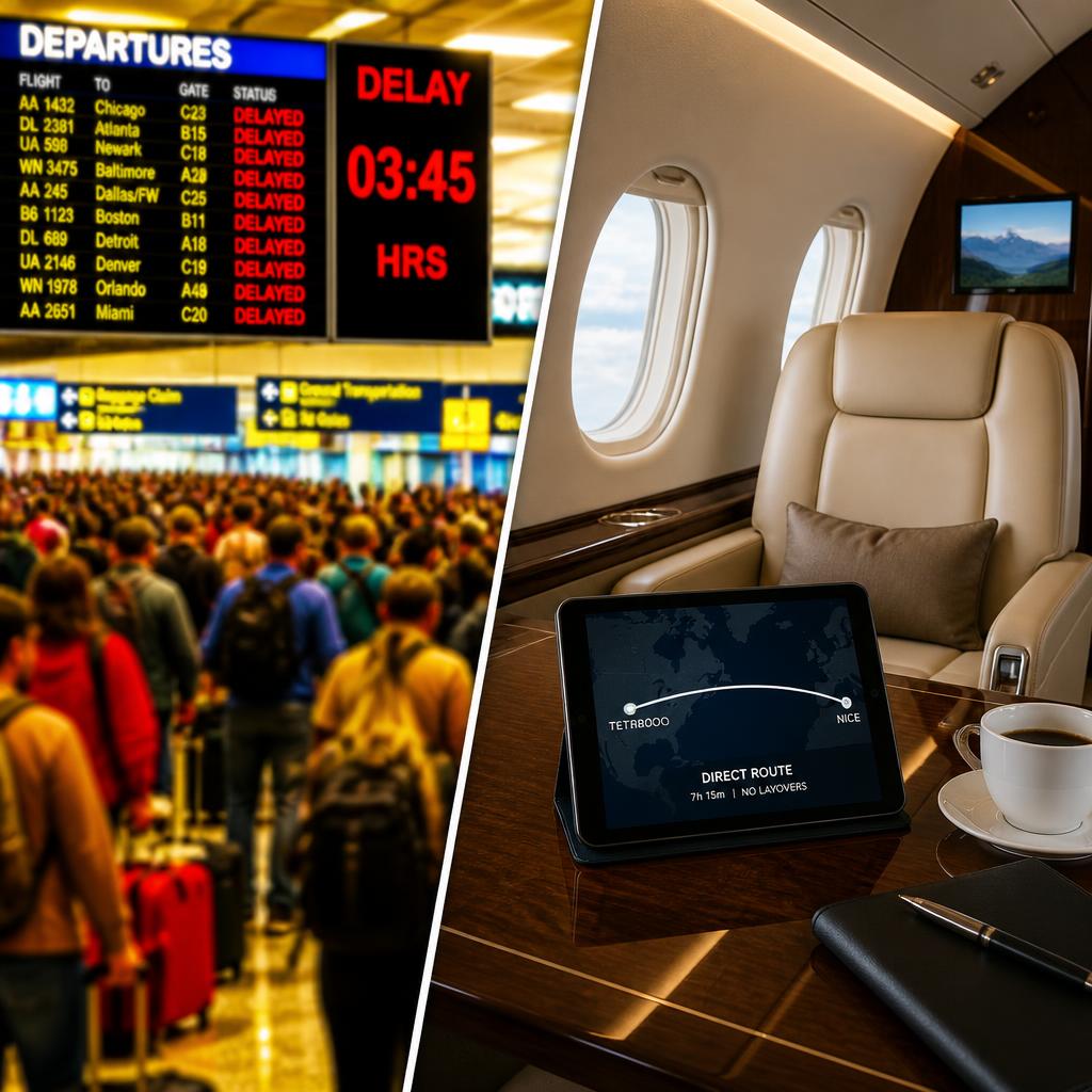A split perspective shot. On the left, a blurry, over-saturated image of a crowded airport terminal with a clock showing a long delay which shows the cost of airport layover.