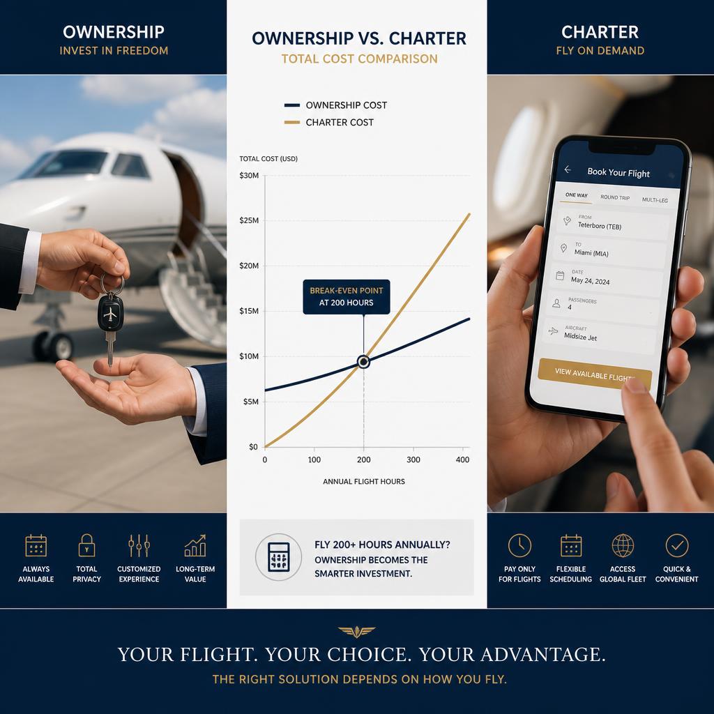Private jet ownership vs charter comparison showing costs and break-even points.