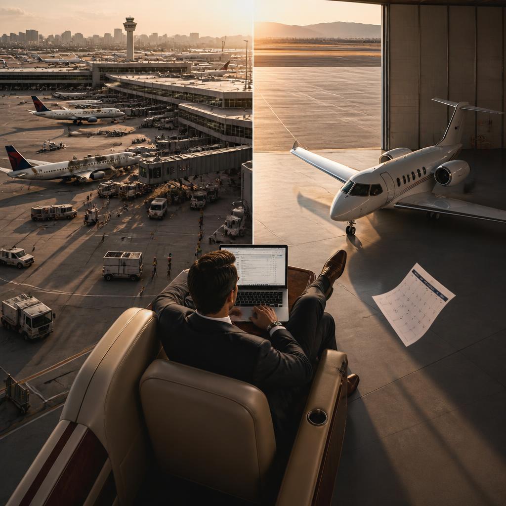 Overhead shot of a business executive in a suit sitting sideways in a plush aircraft seat, looking at an open laptop and a physical calendar flying away in the background, split-screen style showing a busy commercial terminal on the left and a quiet private hangar on the right. Cinematic, photorealistic, warm lighting.