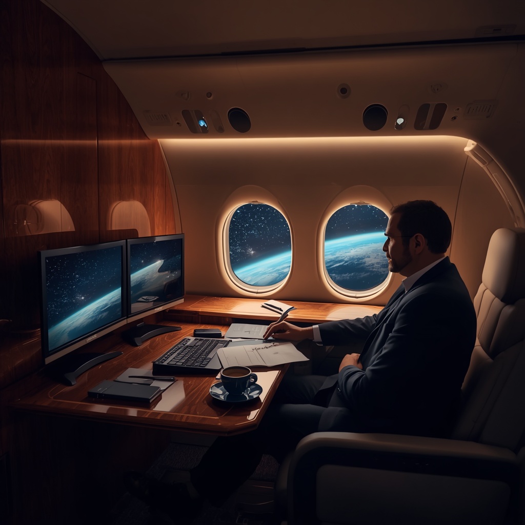 Wide-angle shot inside a private jet cabin. An executive is seated at a mahogany table with two monitors, a coffee cup, and a notebook. The window shows the curvature of the earth and a sky full of stars, suggesting total isolation and focus.
