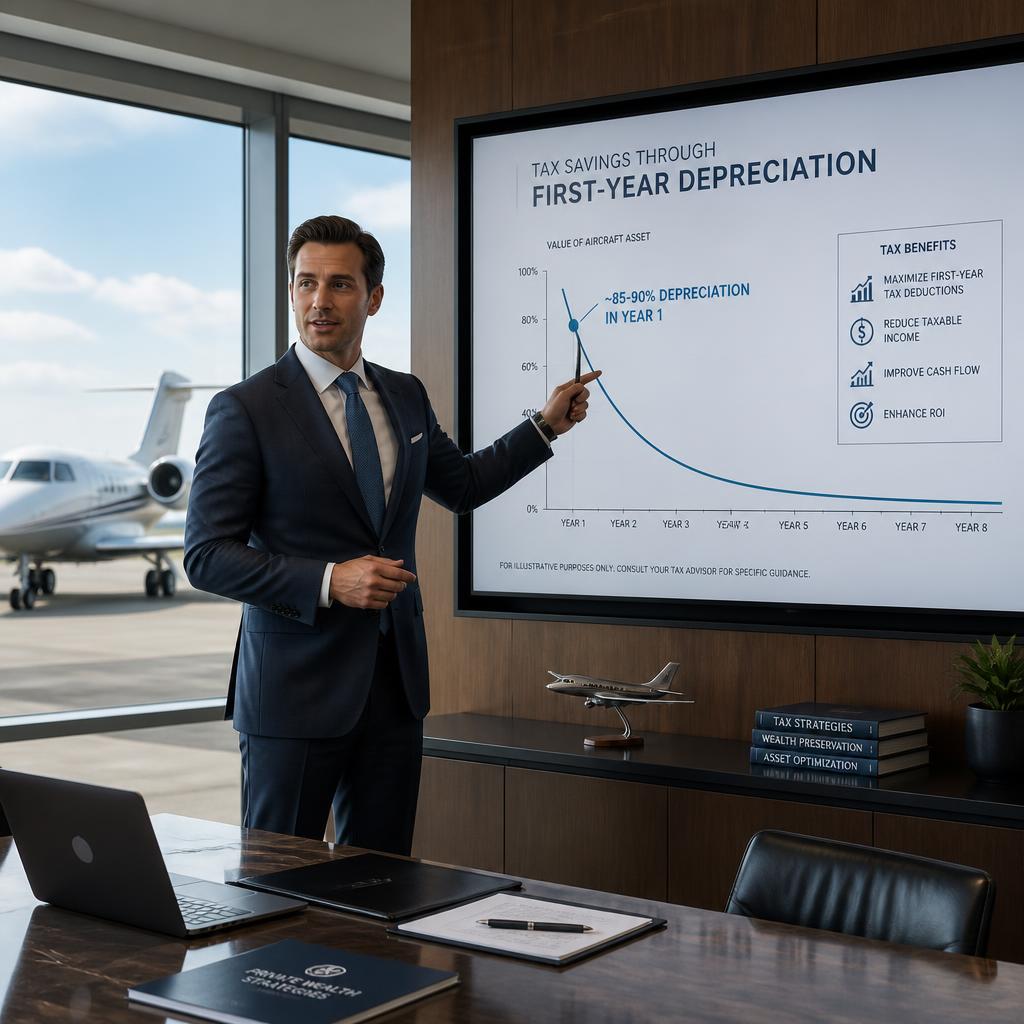 Private jet tax depreciation strategy showing first-year savings under 100% bonus depreciation.